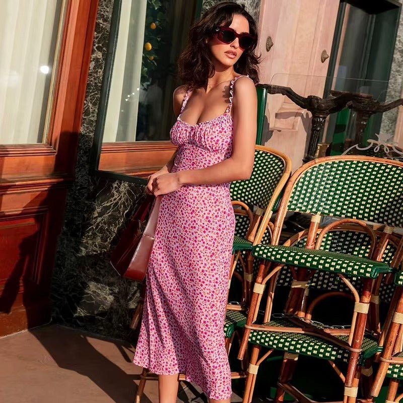 Vestito midi donna — stampa floreale, spalline arricciate, senza maniche, vestibilità aderente