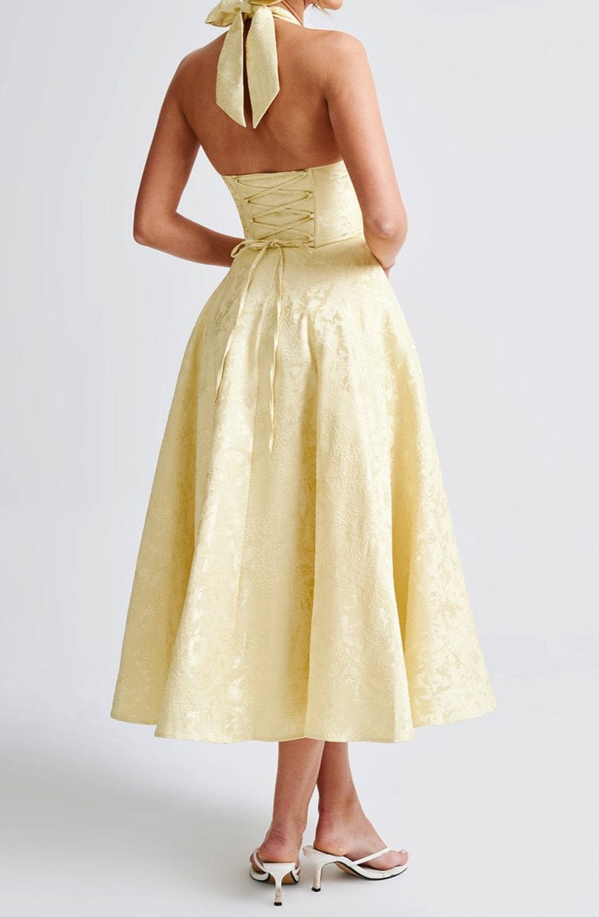 Damen-Midikleid — Neckholder, tiefer V-Ausschnitt, florale Jacquard-Details  