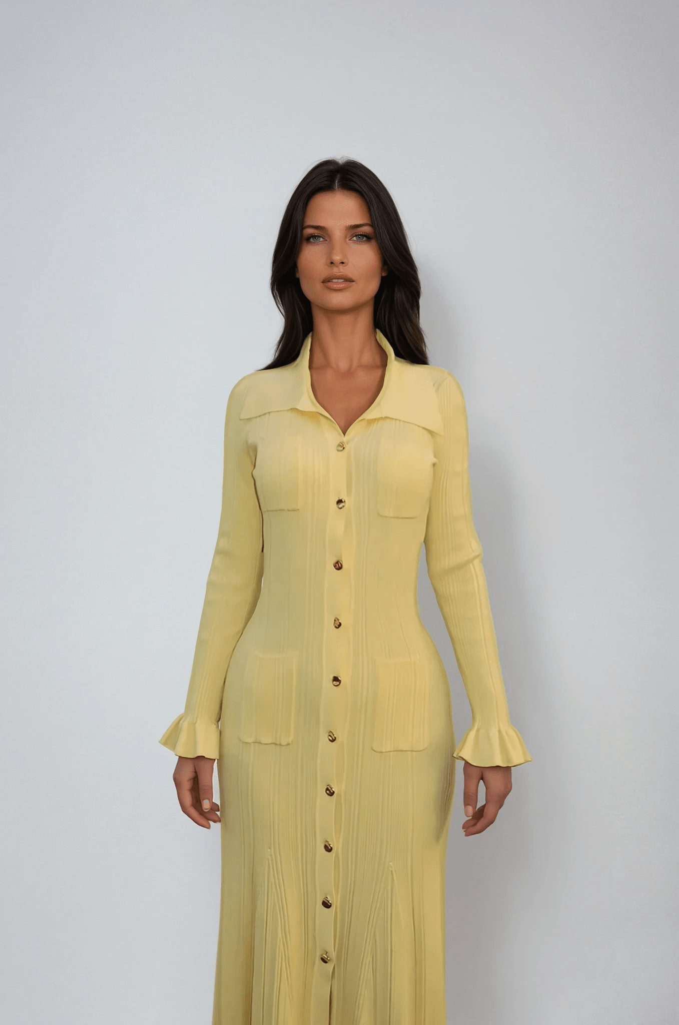 Robe midi femme — tricot col chemise manches courtes boutonnée devant