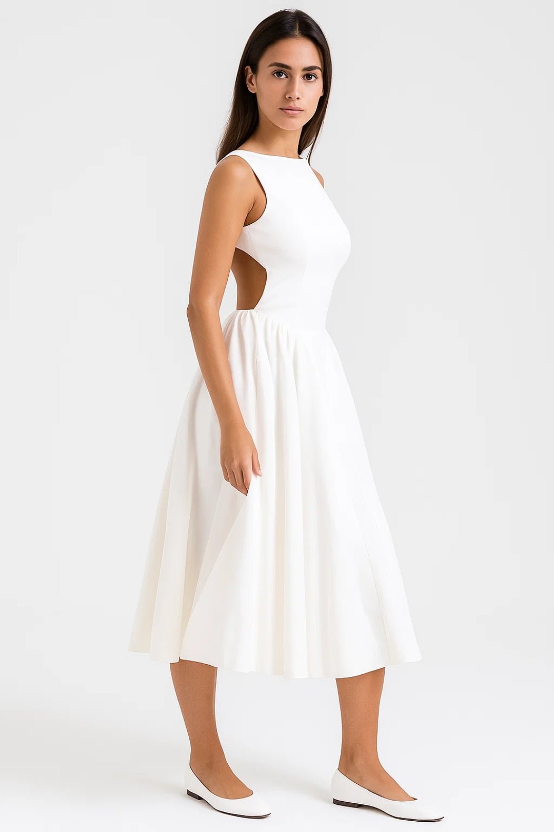 Robe midi femme — dos nu manches courtes taille cintrée