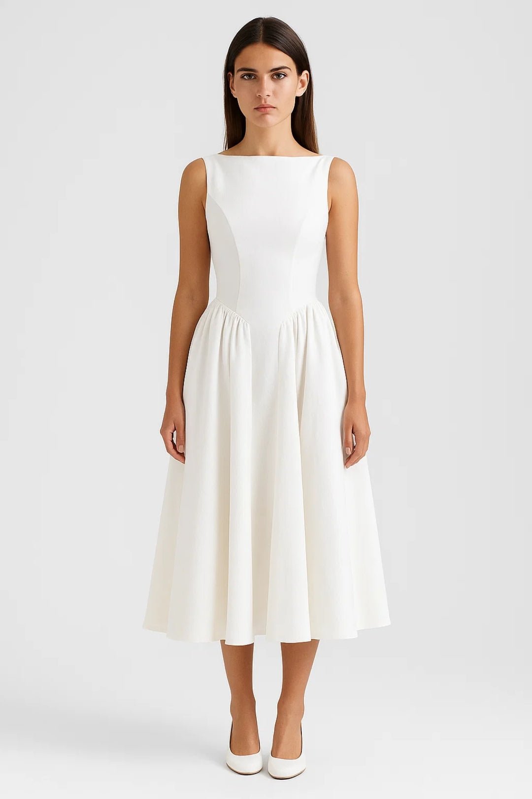 Robe midi femme — dos nu manches courtes taille cintrée