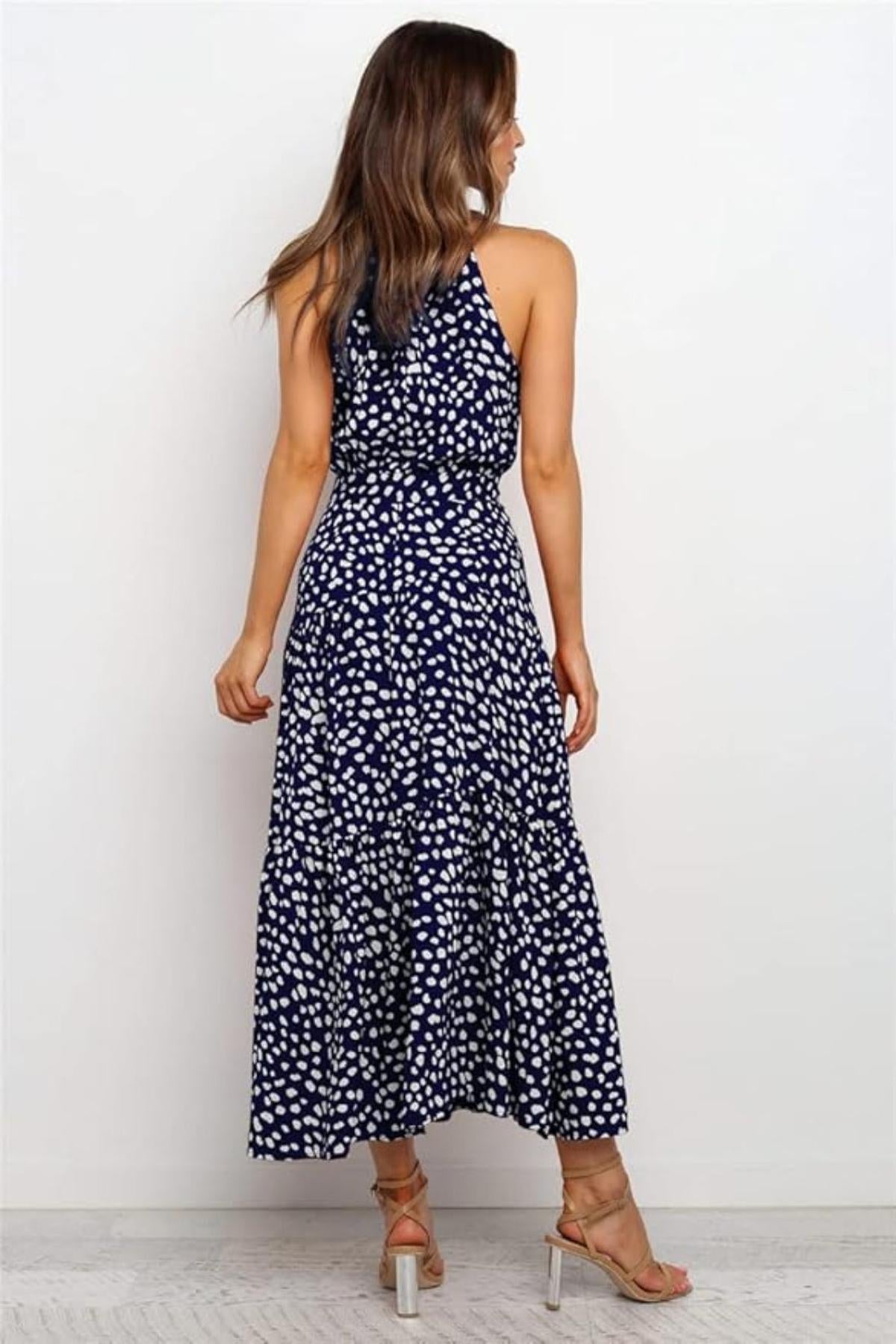 Vestito midi donna — pois, scollo all'americana, cintura annodata in vita