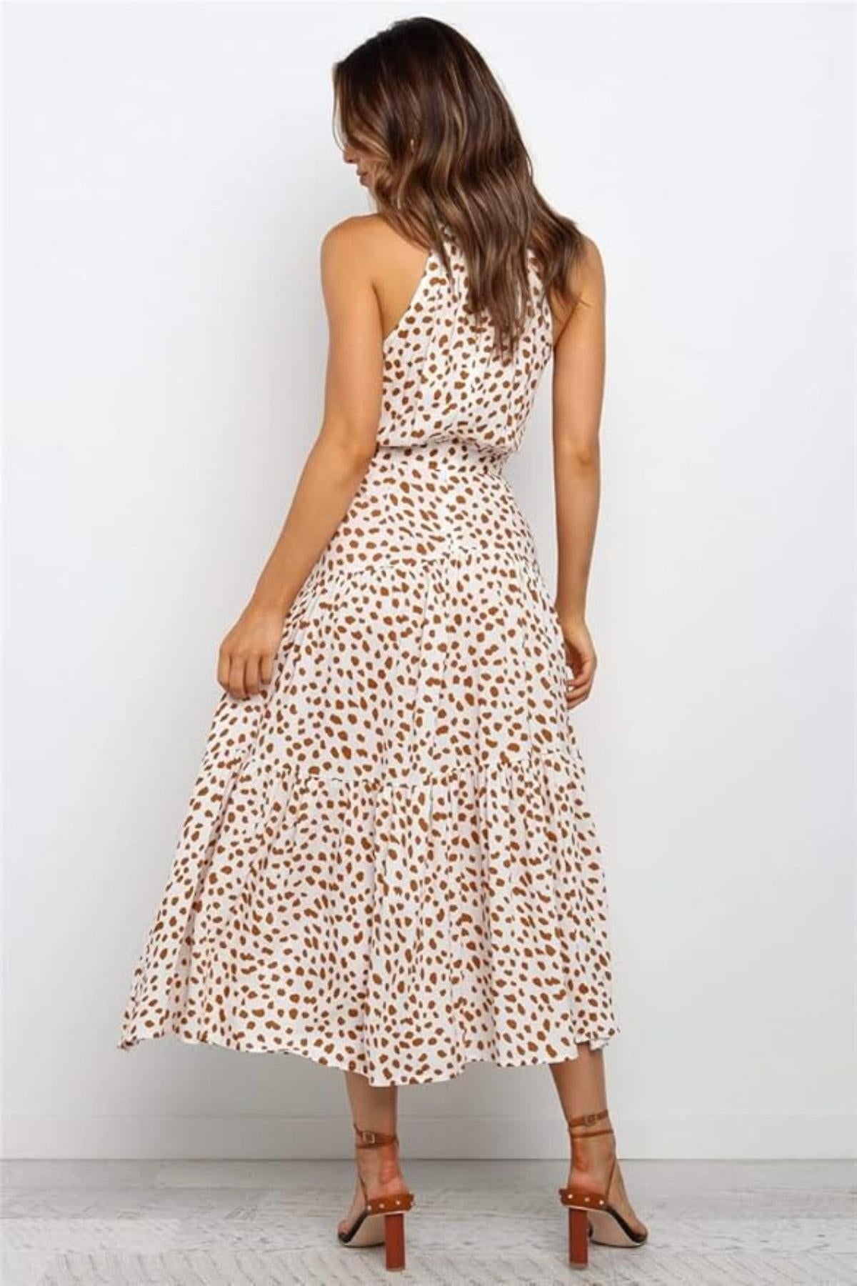 Vestito midi donna — pois, scollo all'americana, cintura annodata in vita
