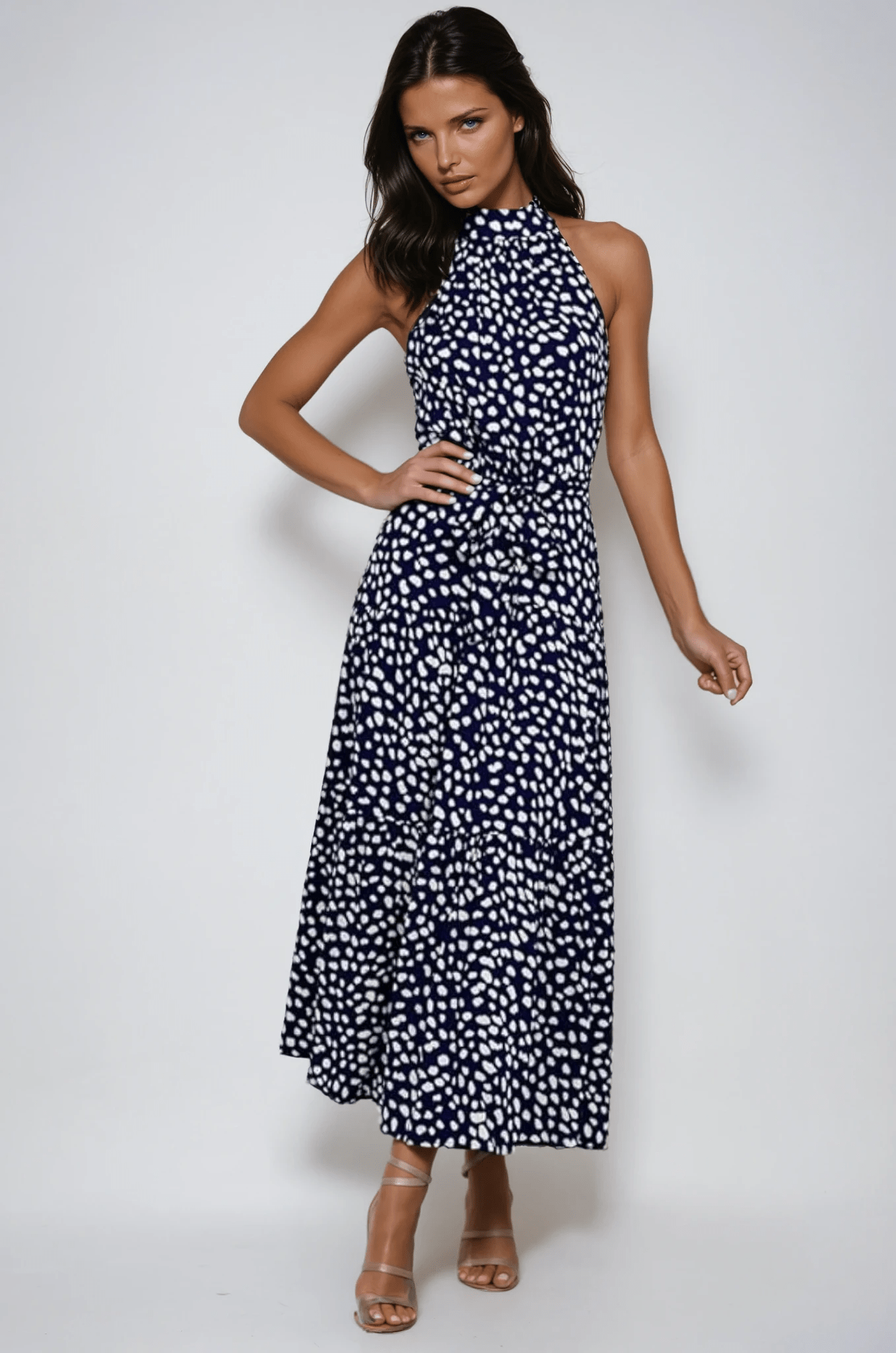 Robe midi femme — col halter à pois ceinture nouée