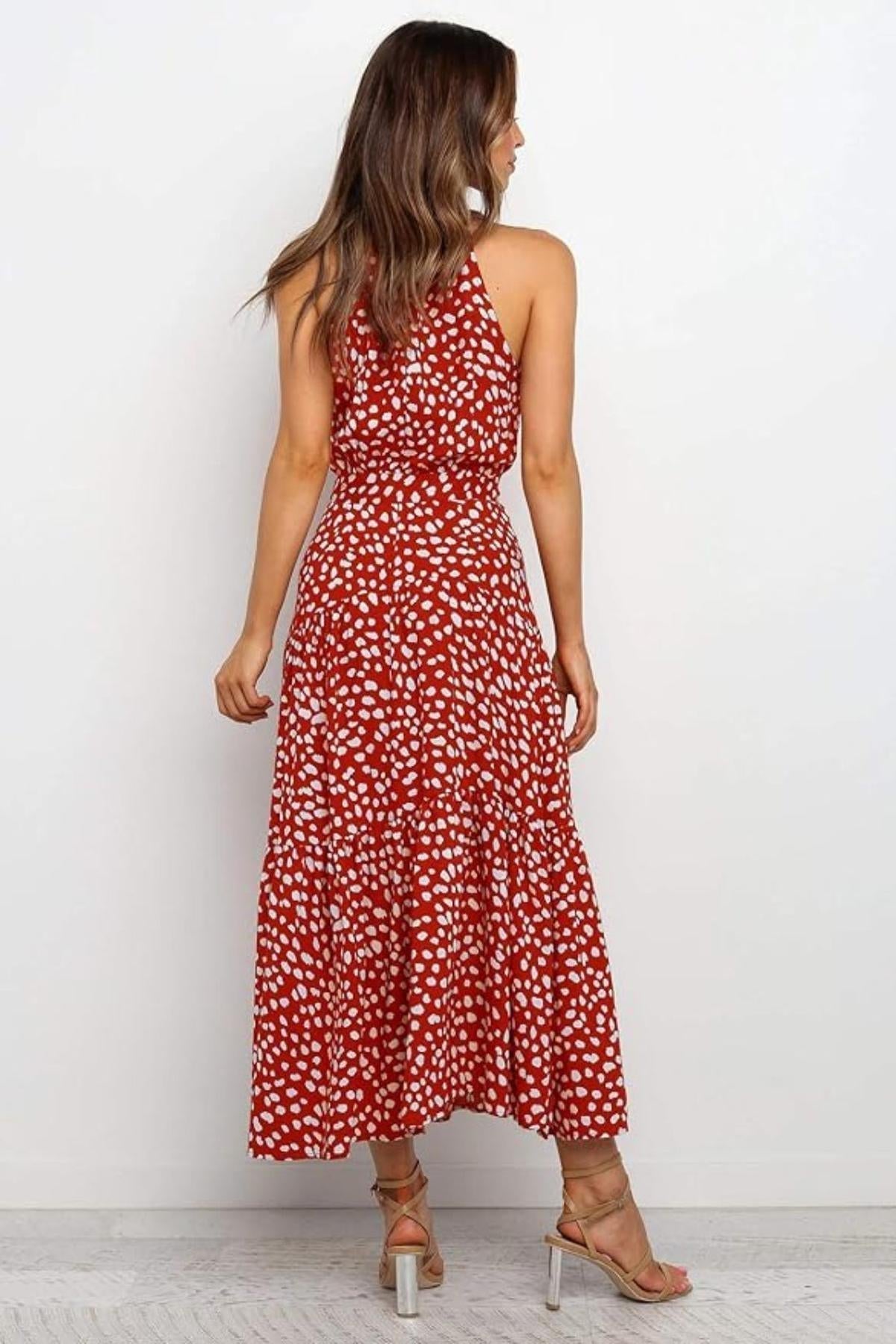 Vestito midi donna — pois, scollo all'americana, cintura annodata in vita