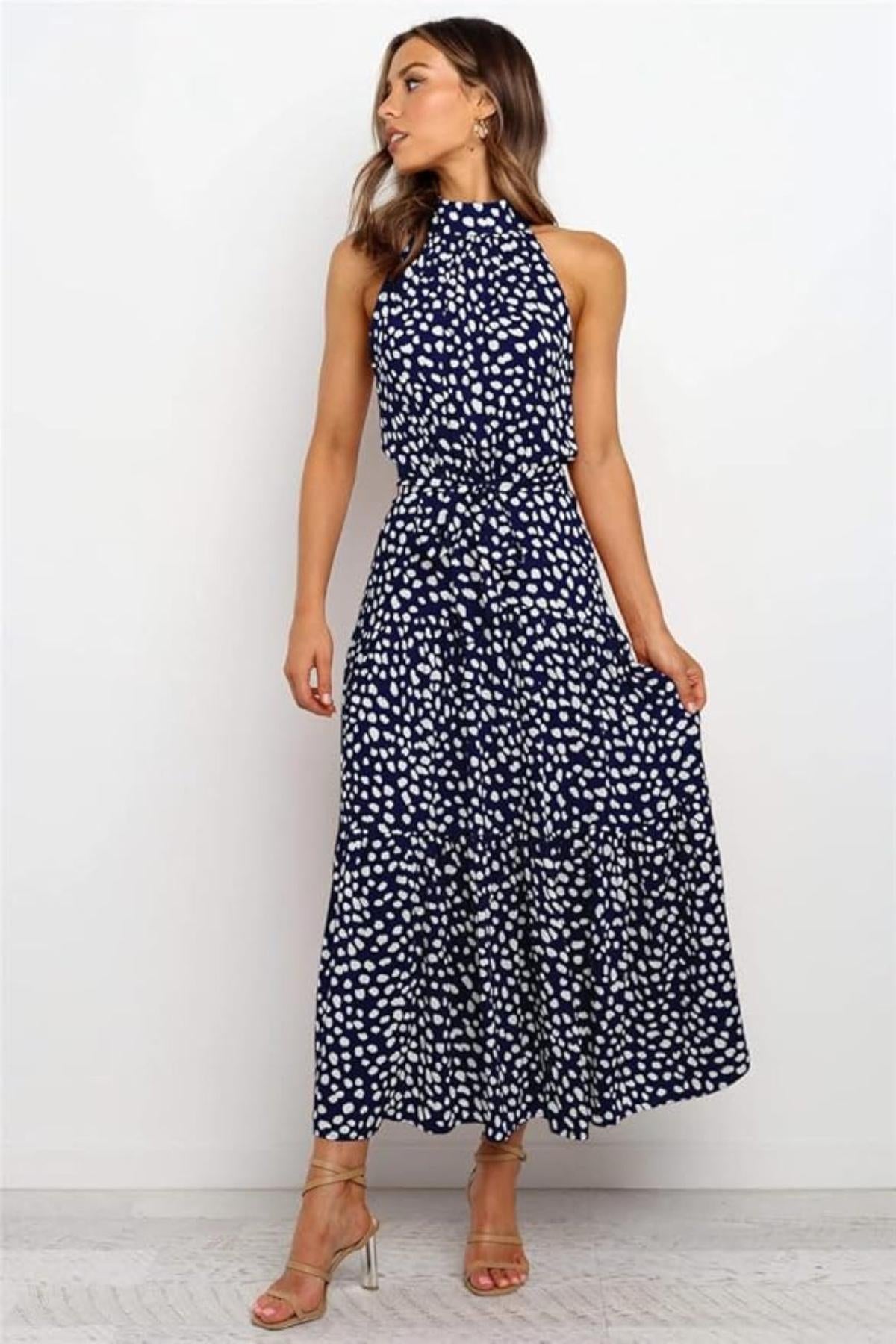 Robe midi femme — col halter à pois ceinture nouée