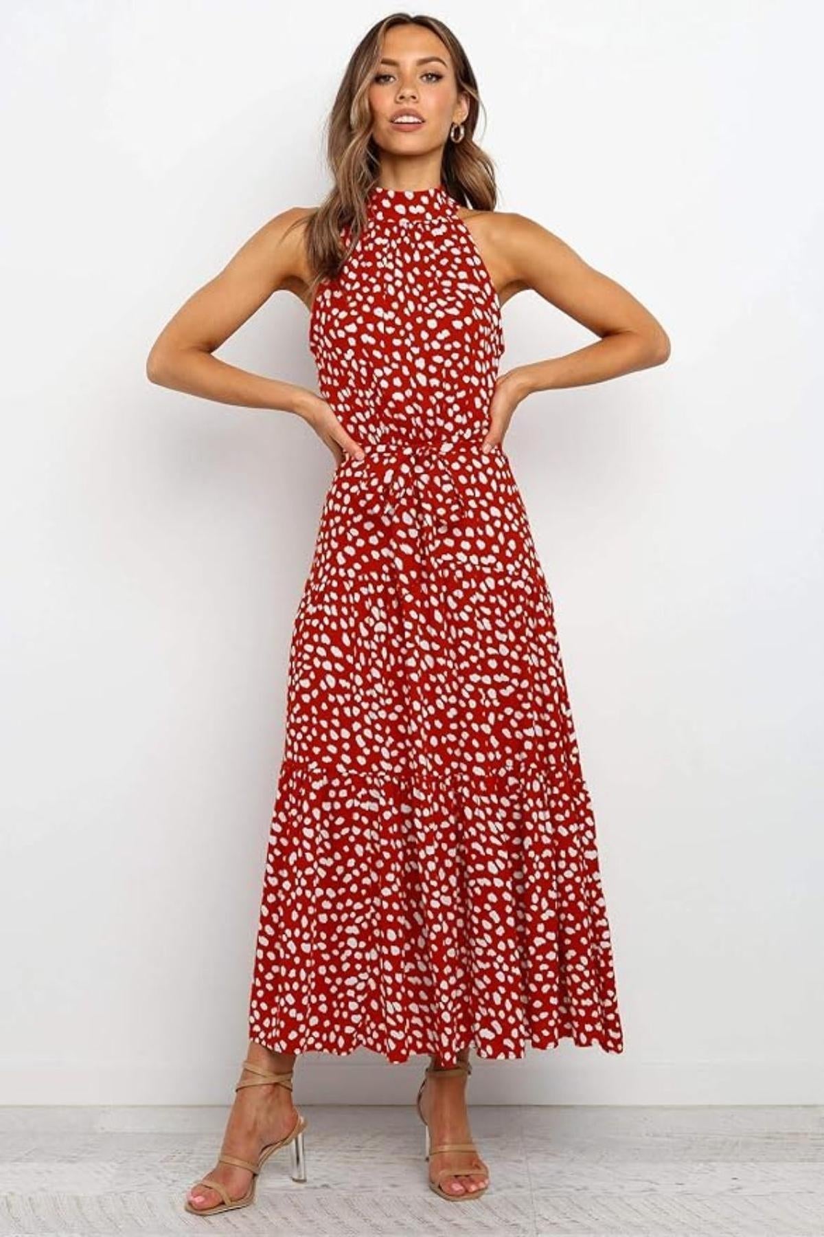 Vestito midi donna — pois, scollo all'americana, cintura annodata in vita