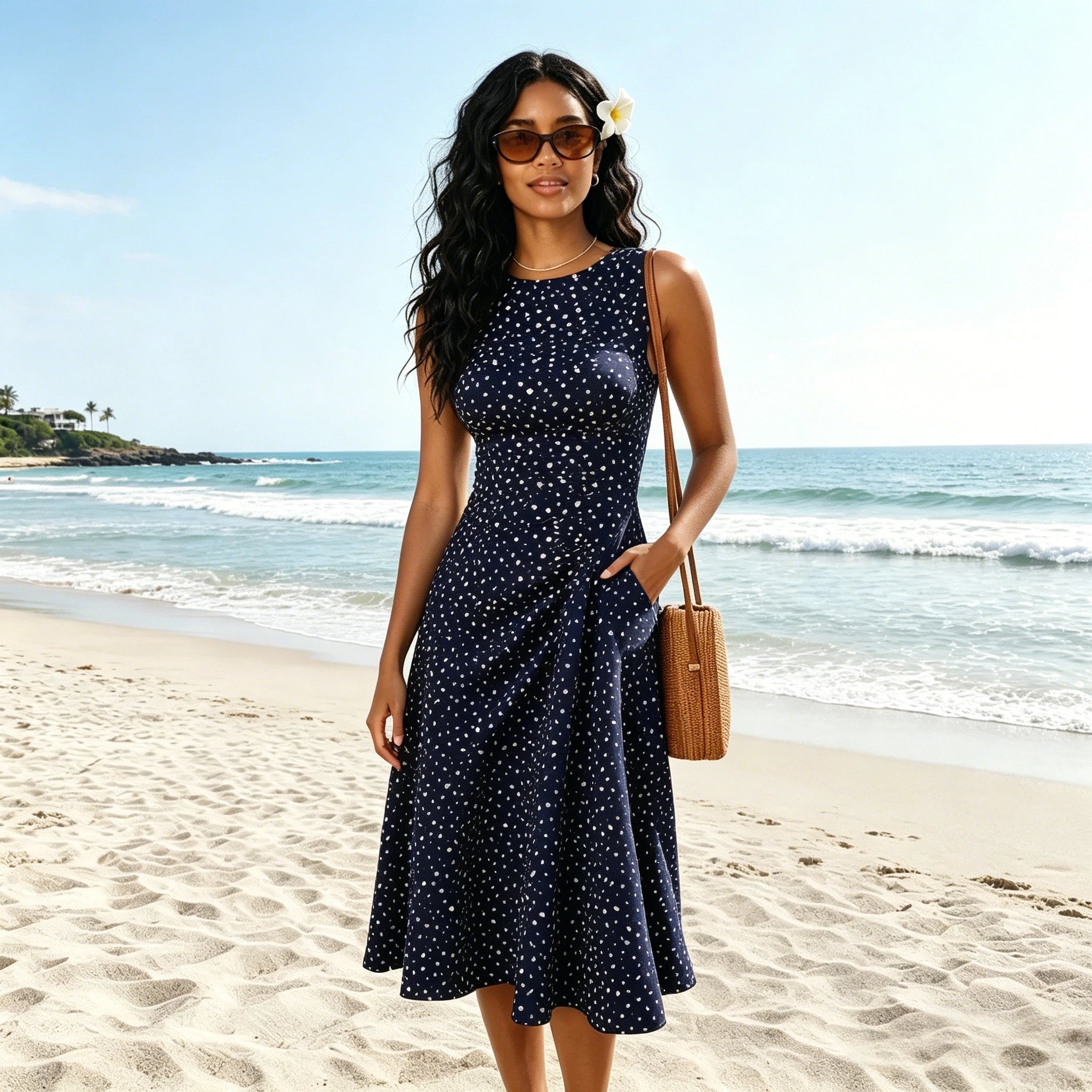 Robe midi femme — sans manches à pois coupe évasée