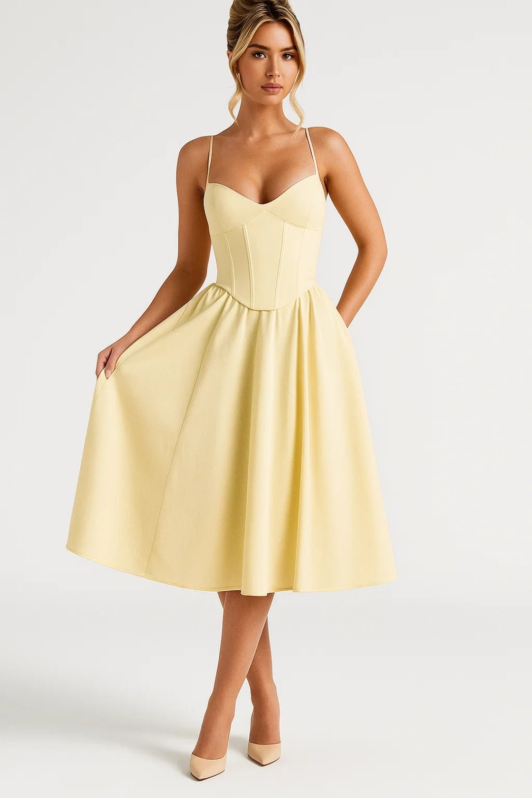 Robe midi femme — Bretelles spaghetti, sans manches, coupe évasée