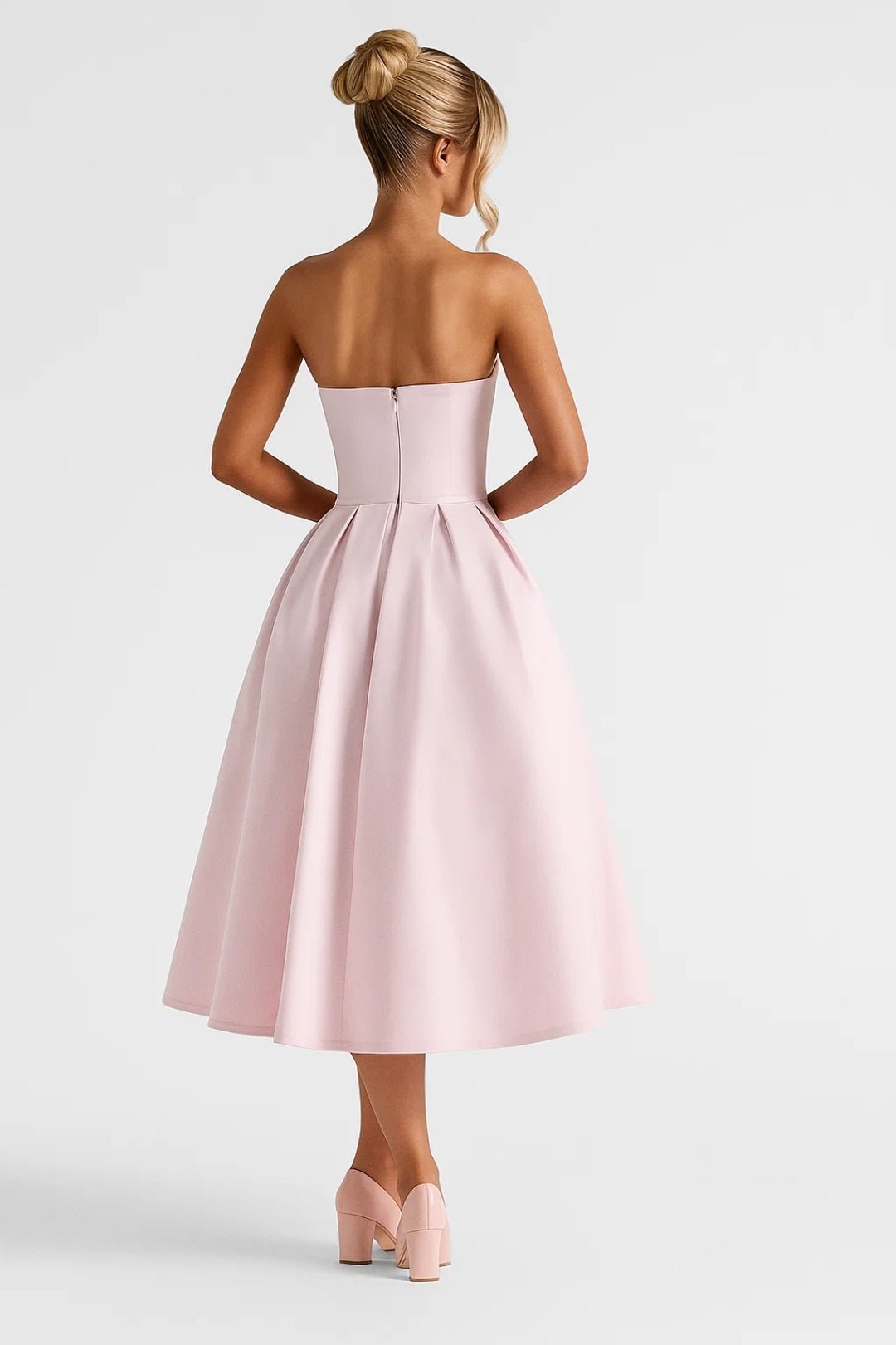 Robe midi pour femme — Bustier ajusté sans bretelles, jupe évasée
