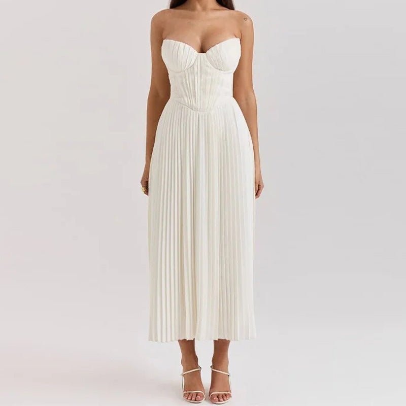 Robe midi femme — bustier et jupe plissés sans bretelles ni manches