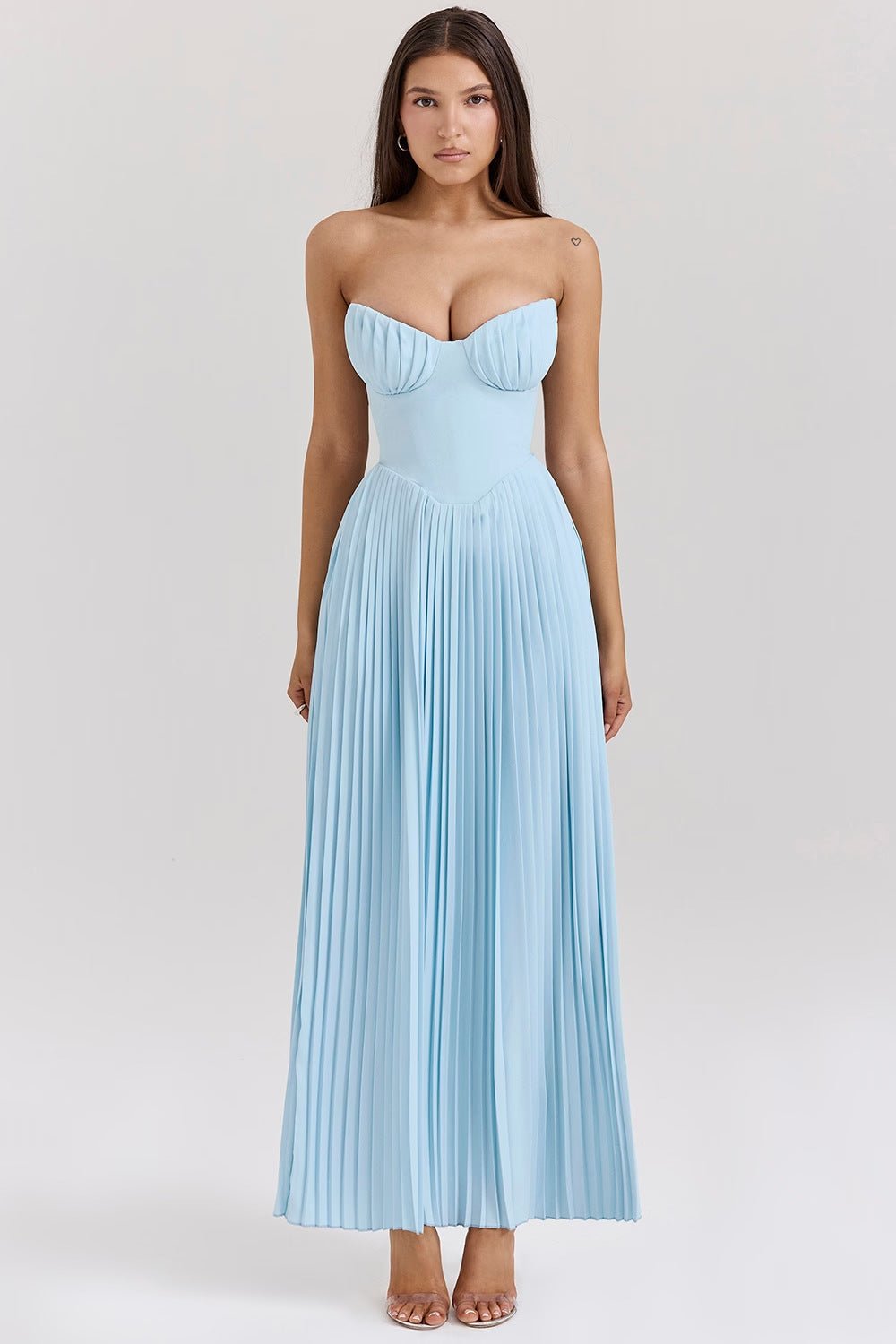 Robe midi femme — bustier et jupe plissés sans bretelles ni manches