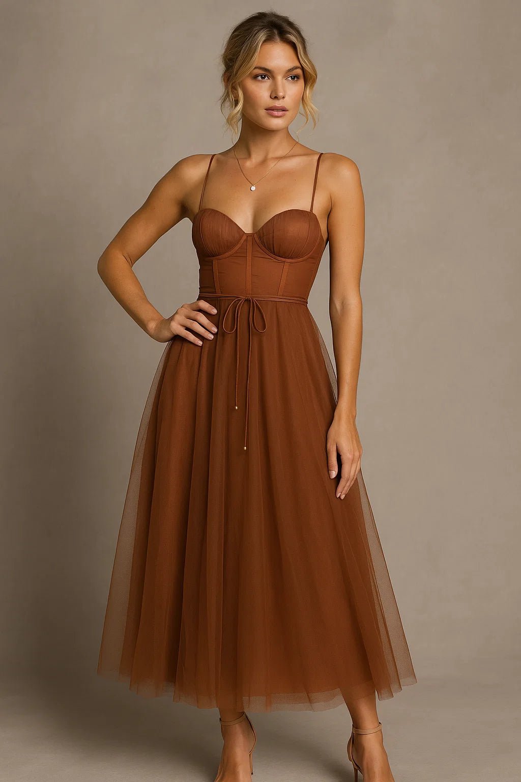 Vestido midi para mujer — ajuste corsé, tirantes finos y busto fruncido