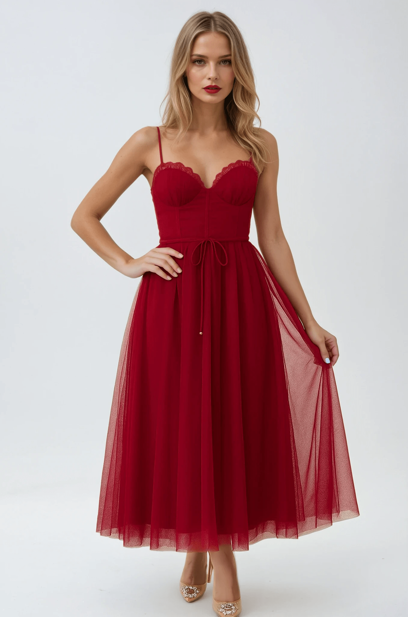 Robe midi femme — corset bretelles spaghetti bustier froncé