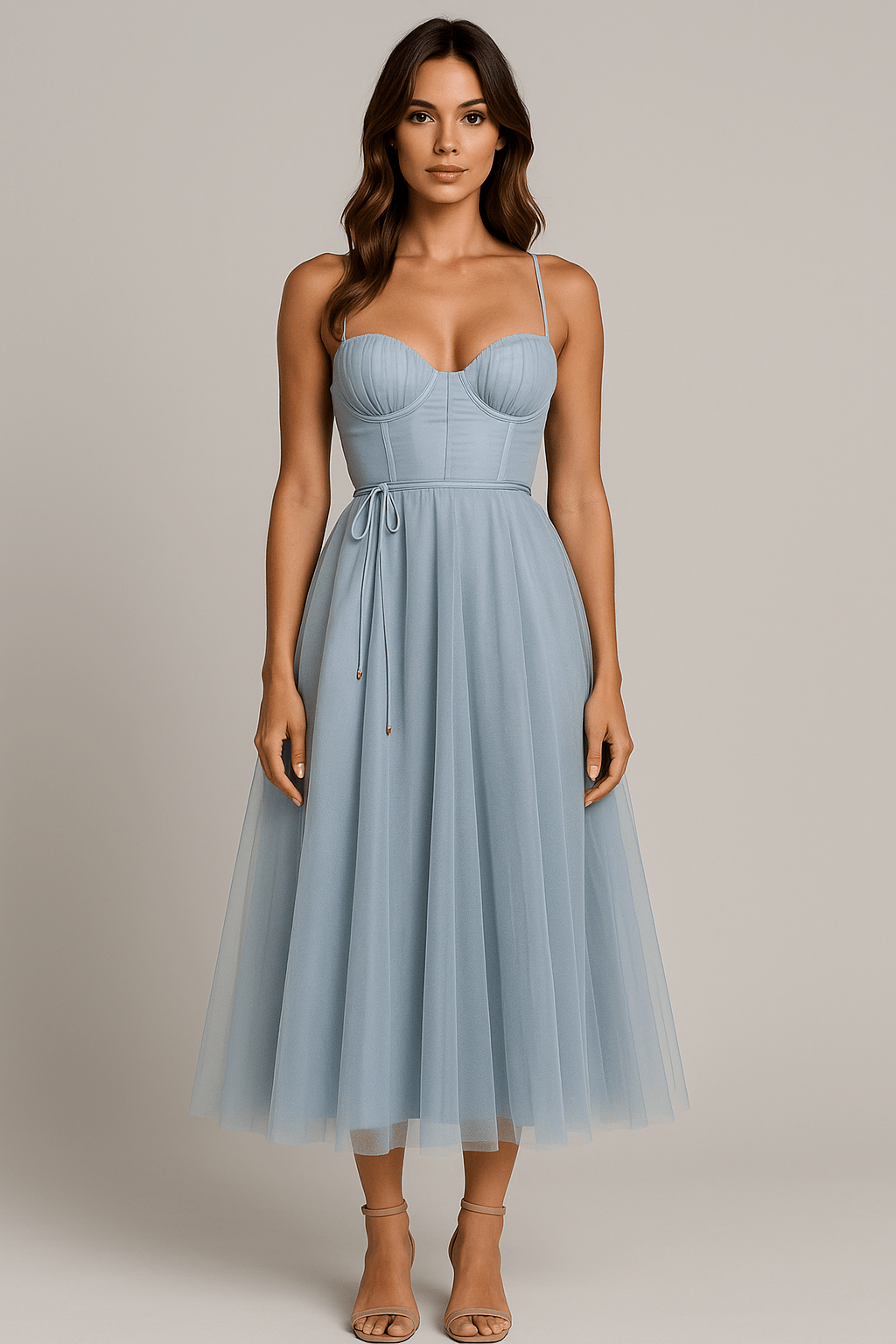 Robe midi femme — corset bretelles spaghetti bustier froncé