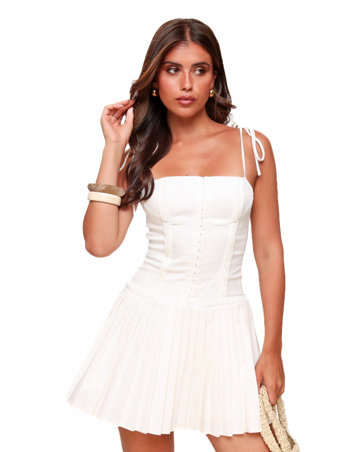 Robe mini femme — jupe plissée sans manches bretelles nouées