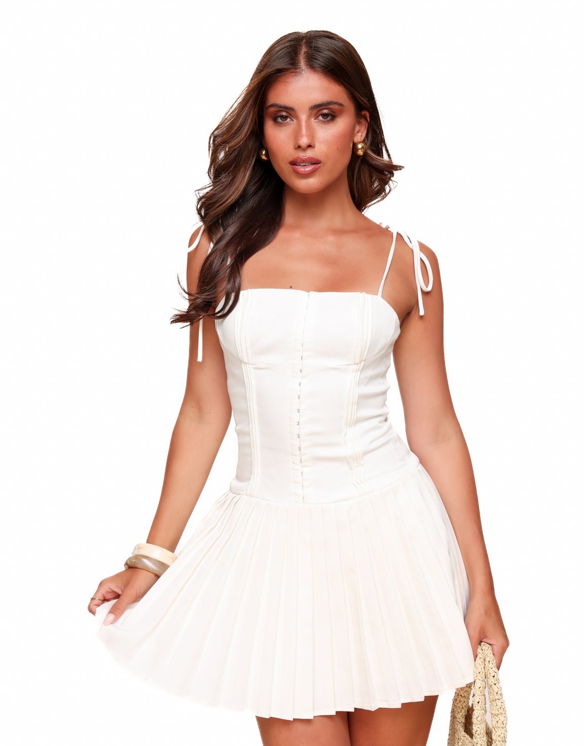 Robe mini femme — jupe plissée sans manches bretelles nouées