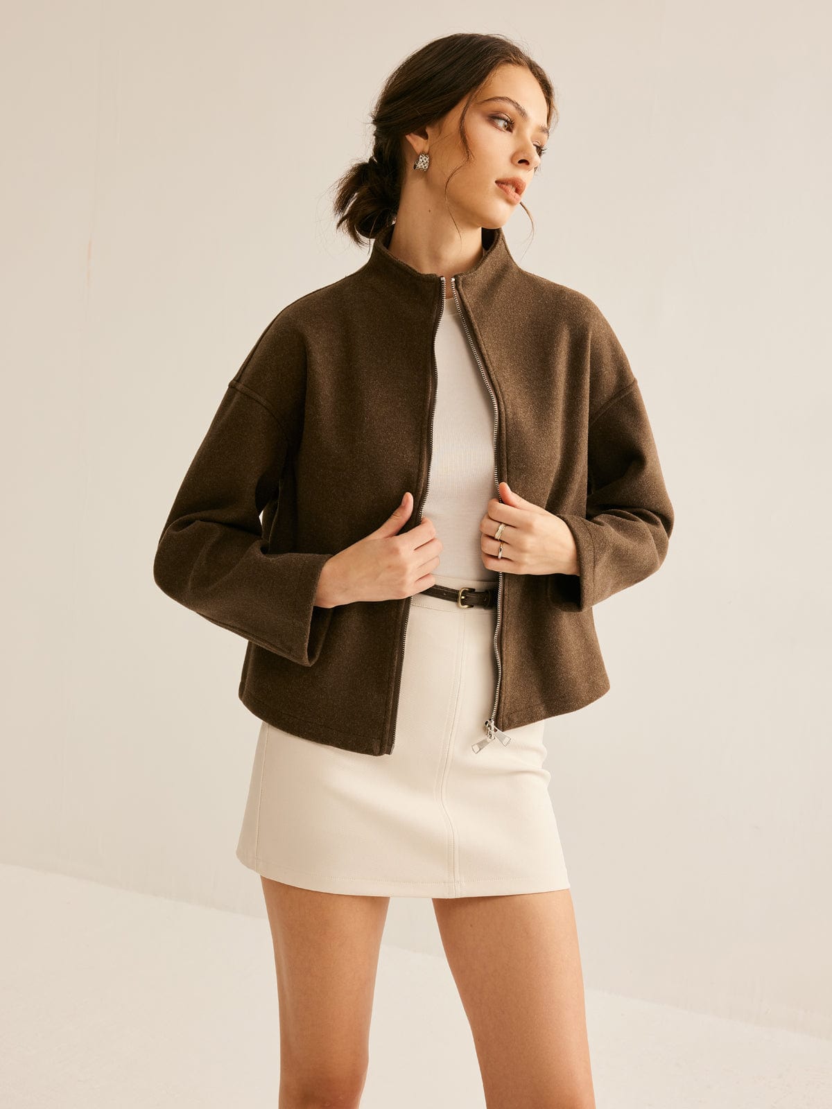 Cappotto corto da donna — Collo alla coreana con chiusura a zip