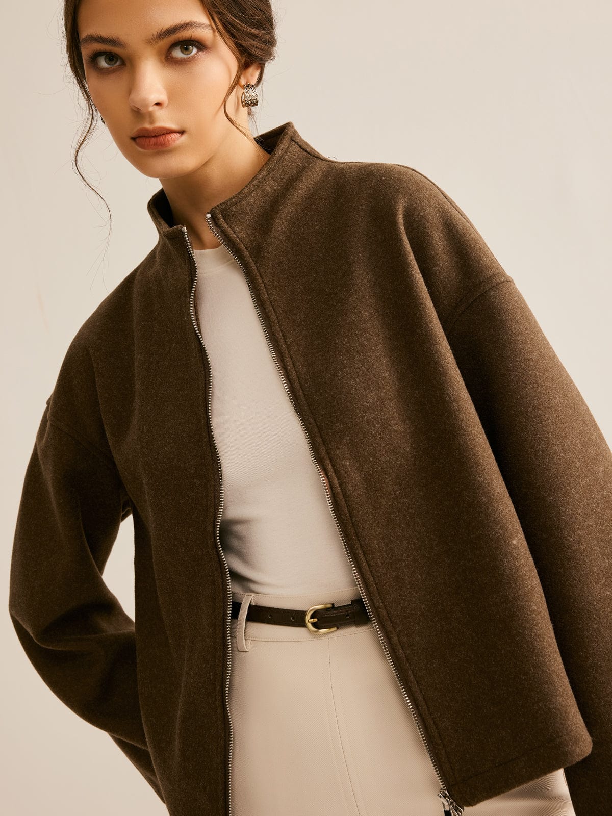Cappotto corto da donna — Collo alla coreana con chiusura a zip